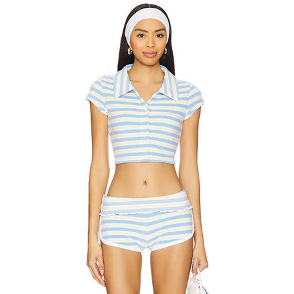 Frankies Bikinis Laurel Button Up Top in Ashbury Stripe in Blue